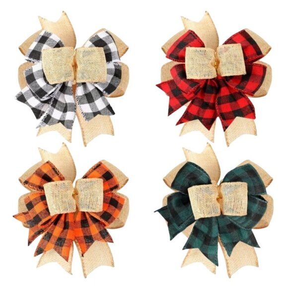 Plaid Bow Gift Wrap 6" Burlap Bow Checkered Ribbon White Green Red Orange Set/4 - Picture 1 of 4